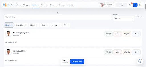 Giao diện điểm danh buổi học 30s