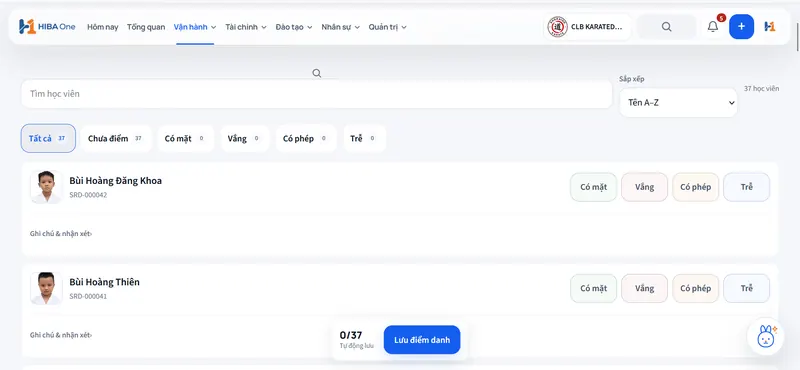 Giao diện điểm danh trên điện thoại nhanh chóng của HIBA One