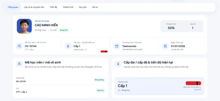 HIBA ONE cập nhật hồ sơ học viên: Mã võ sinh, cấp đai, thành tích và chứng nhận